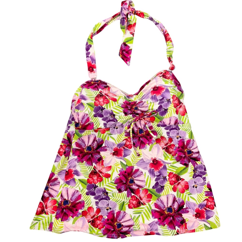 Lands' End Tankini Top Womens 12D Purple Floral Halter Tropical Palm‎ Resortwear